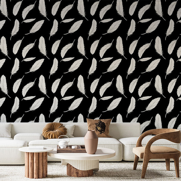 Feather Wallpaper | White Falling Feathers on Black Wall Mural