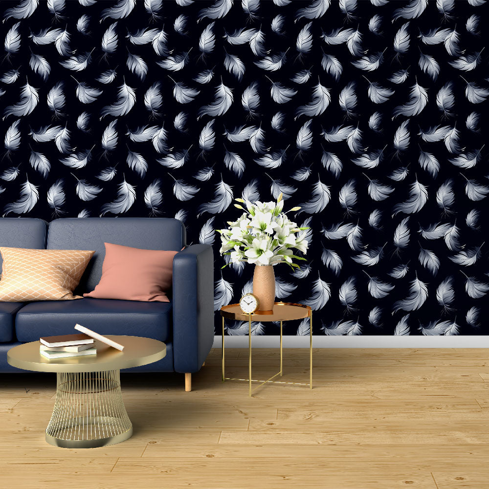 Feather Wallpaper | Delicate White Plumes on Deep Black
