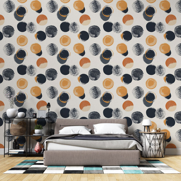 Colorful Dot Wallpaper | Navy, Orange & Beige Circles