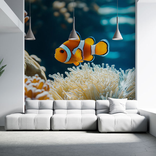 Clownfish wallpaper | Vibrant fish on coral background mural