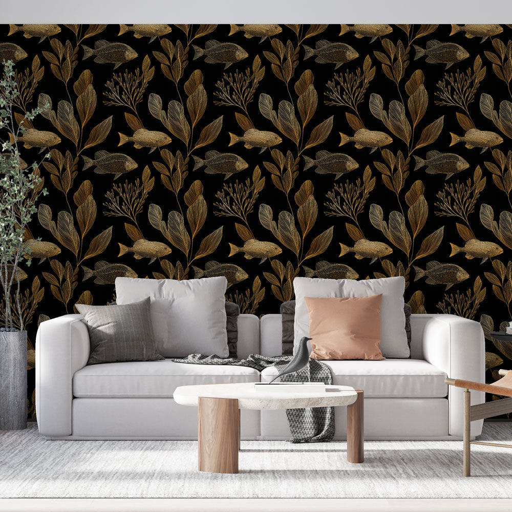 Fish and Foliage Wallpaper | Gold on Black Wall Mural