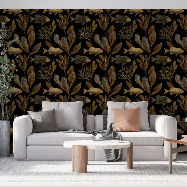 Fish and Foliage Wallpaper | Gold on Black Wall Mural