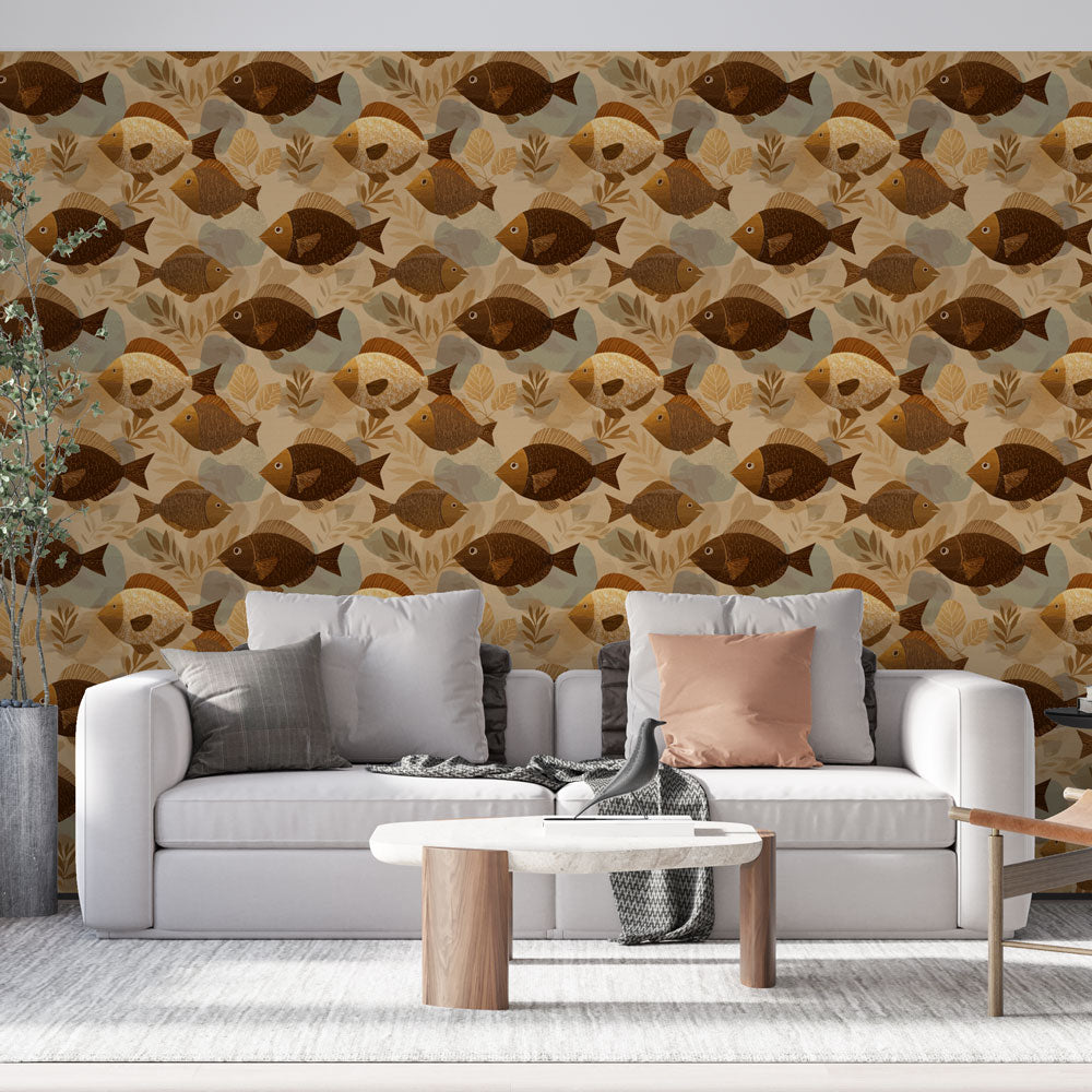 Fish Wallpaper | Bronze Fish and Foliage Wall Mural