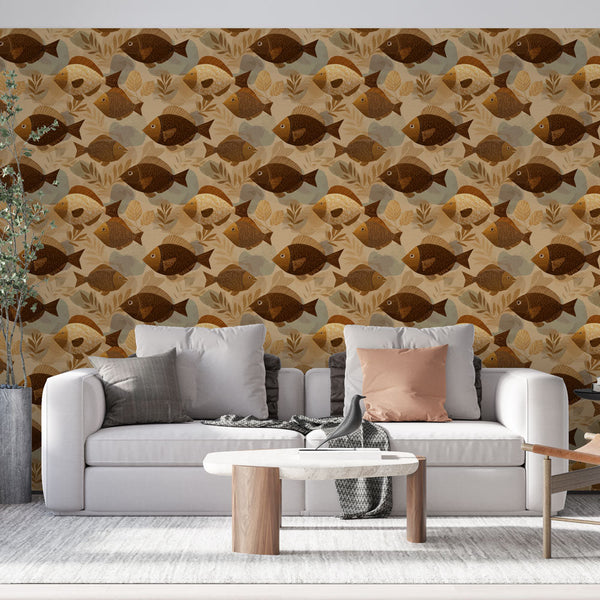Fish Wallpaper | Bronze Fish and Foliage Wall Mural