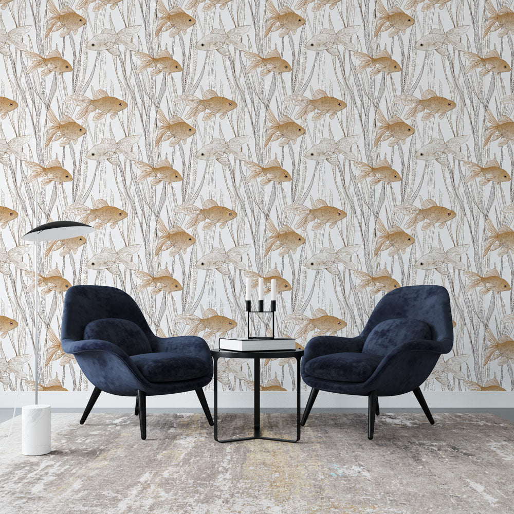 Goldfish Wallpaper | Red and White Fish Wall Mural on Ivory