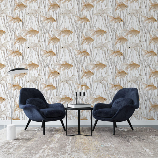 Goldfish Wallpaper | Red and White Fish Wall Mural on Ivory