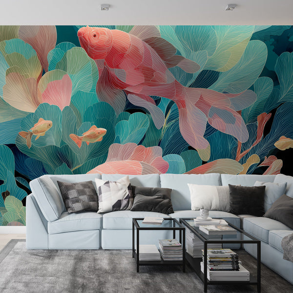 Golden Fish Wallpaper | Stylized Fish and Aquatic Leaves