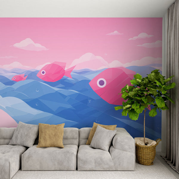 Geometric Fish Wallpaper | Pink Shapes in Rolling Blue Waves