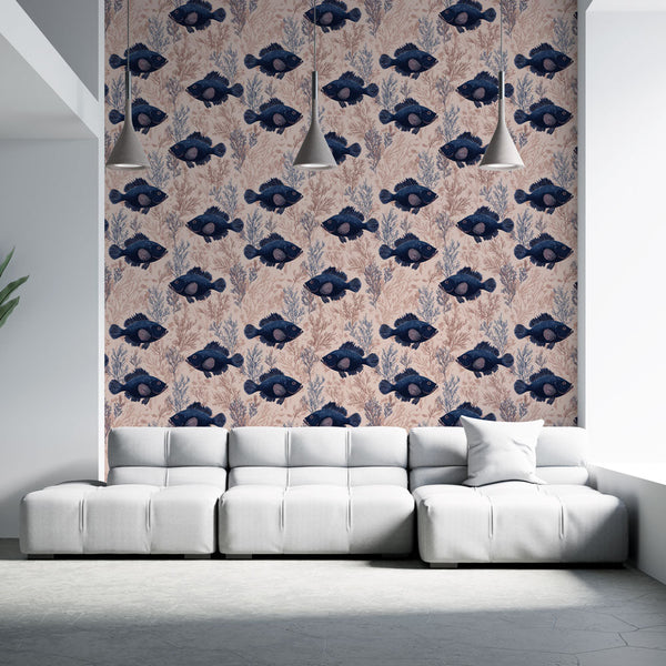 Fish Wallpaper | Black Fish and Aquatic Plants on Soft Pink