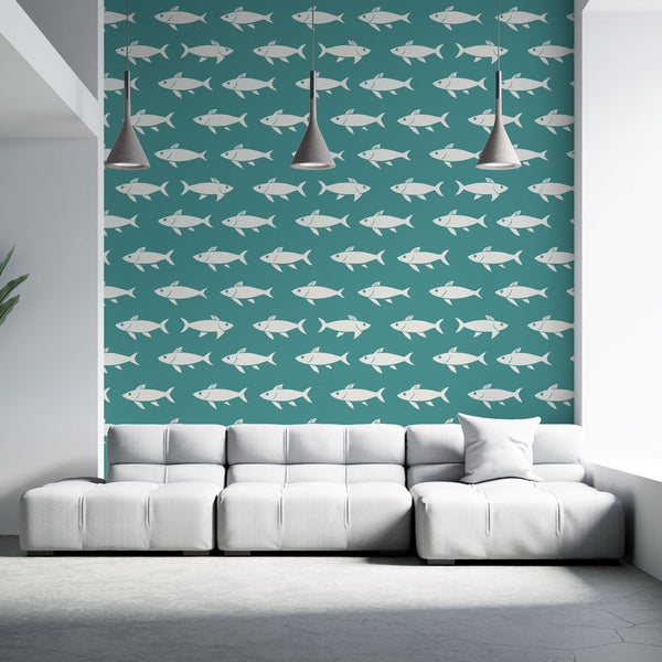 Fish Wallpaper | White Stylised Fish on a Turquoise Ground