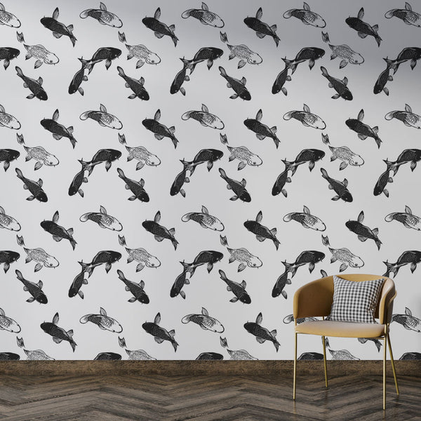 Koi Fish Wallpaper | Black & White Carp Wall Mural on Light Ground