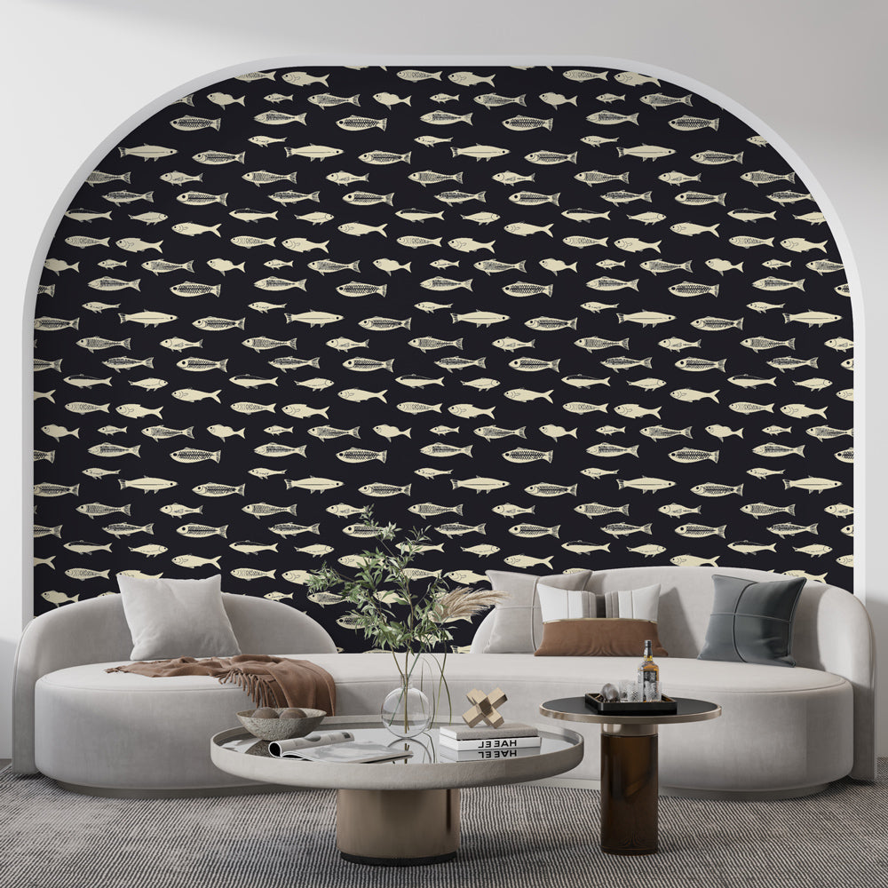 Fish Wallpaper | Playful Cream Fish on a Black Ground