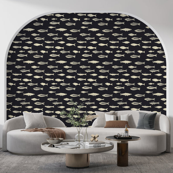Fish Wallpaper | Playful Cream Fish on a Black Ground