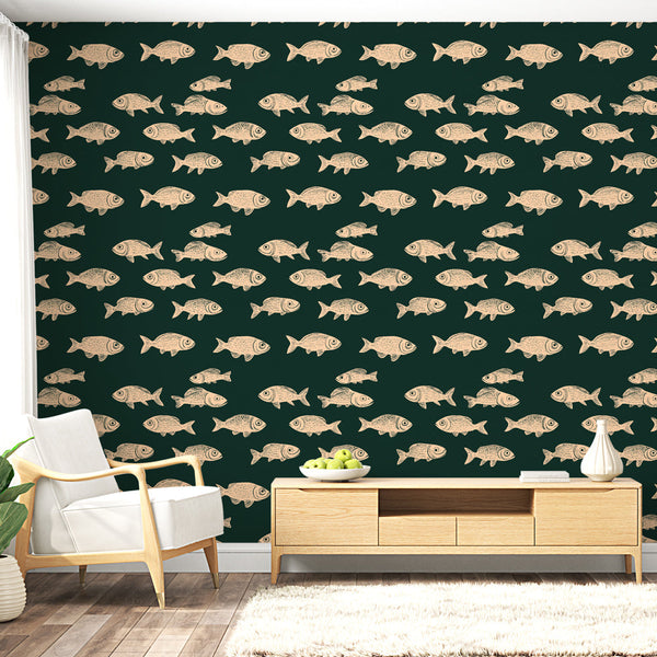 Fish Wallpaper | Stylised Fish on a Dark Green Ground