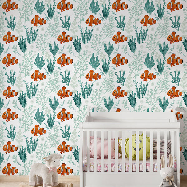 Tropical Fish Wallpaper | Clownfish and Coral Reef Motif
