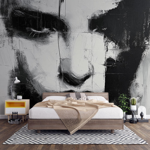 Abstract portrait wallpaper expressive black white face sweeping brushstrokes modern dramatic mural