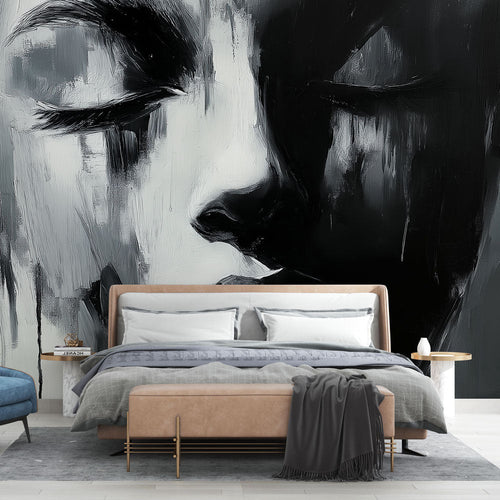 Monochrome abstract portrait wallpaper black white textured face modern industrial decor