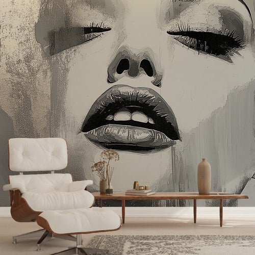 Abstract feminine face portrait wallpaper in black white with metallic accents