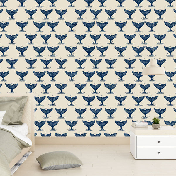Whale Tail Wallpaper | Navy Nautical Cream Wall Mural