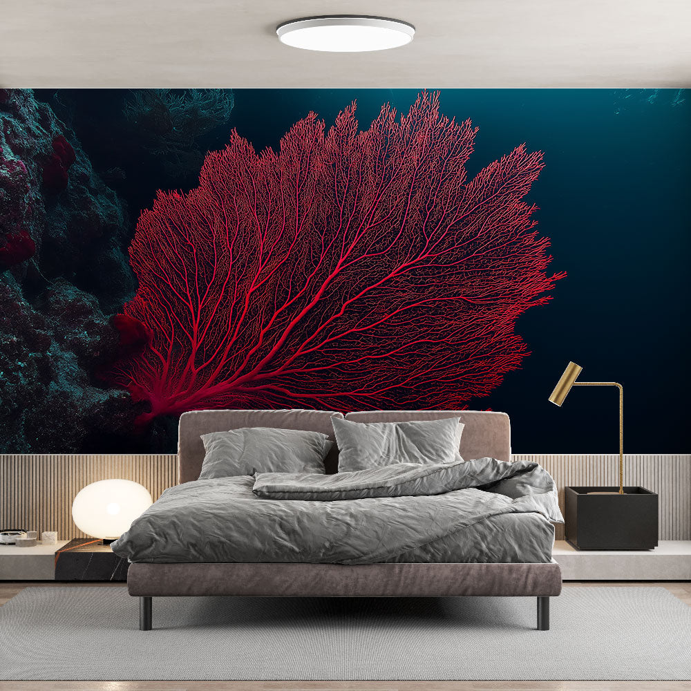 Reef wallpaper | Red coral wall mural on dark underwater ground