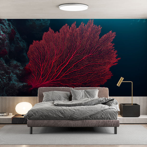 Reef wallpaper | Red coral wall mural on dark underwater ground