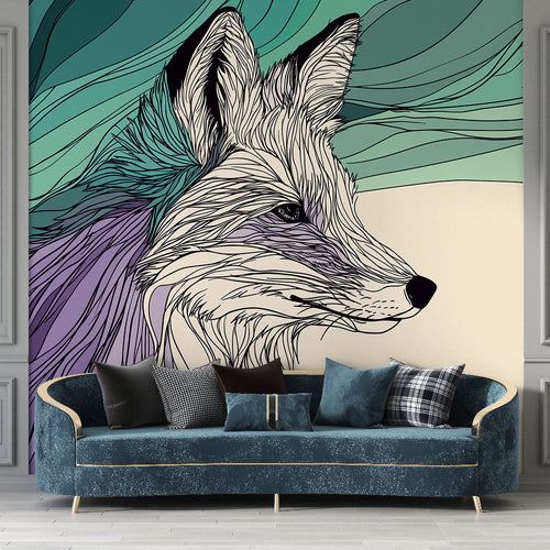 Artistic fox wallpaper mural with a stylized fox and flowing green and violet lines