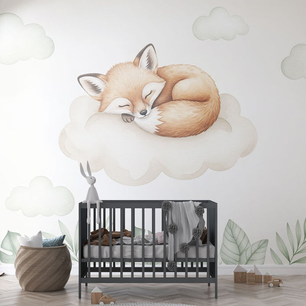 Sleeping Fox Wallpaper | Curled Fox on a Cloud with Leaves