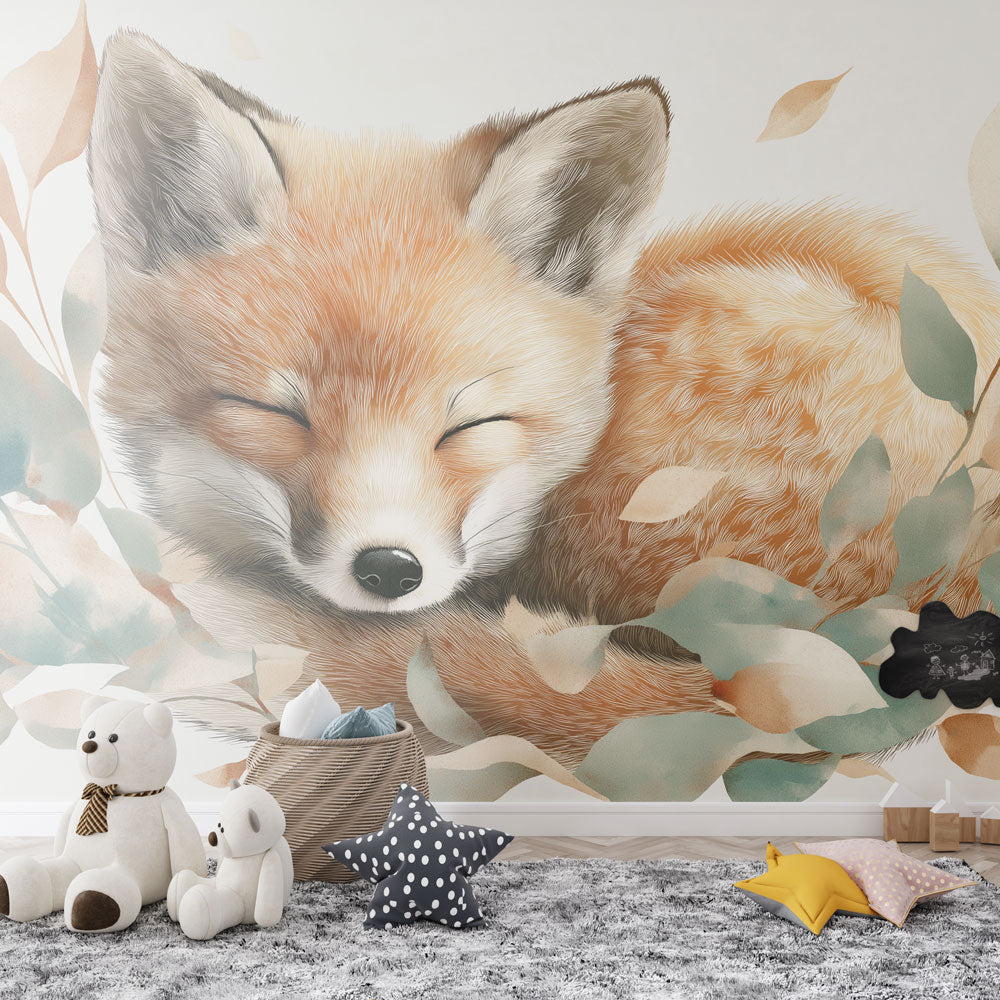 Sleeping Fox Wallpaper | Gentle Fox Curled in Soft Foliage