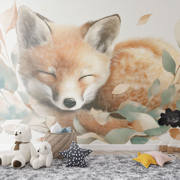 Sleeping Fox Wallpaper | Gentle Fox Curled in Soft Foliage