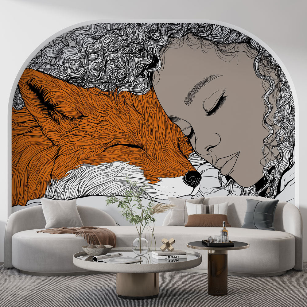 Fox and Woman Wallpaper | Sleeping Woman Beside an Orange Fox