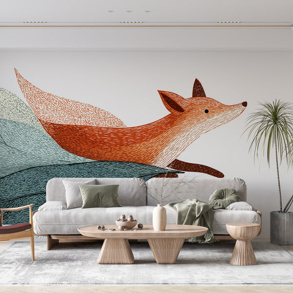 Running Fox and Leaves Wallpaper | Warm Woodland Mural