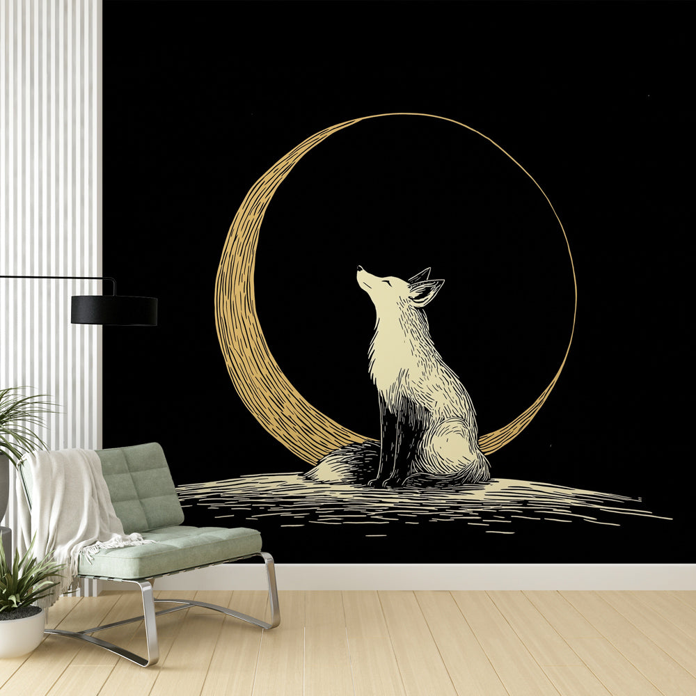 Fox Wallpaper | Fox Gazing at a Golden Moon on Black