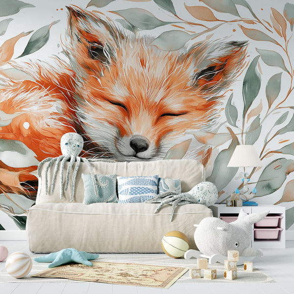 Painted Fox Wallpaper | Sleeping Fox in Delicate Foliage