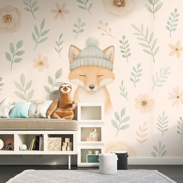 Fox Wallpaper | Sleeping Fox in a Hat on Soft Florals