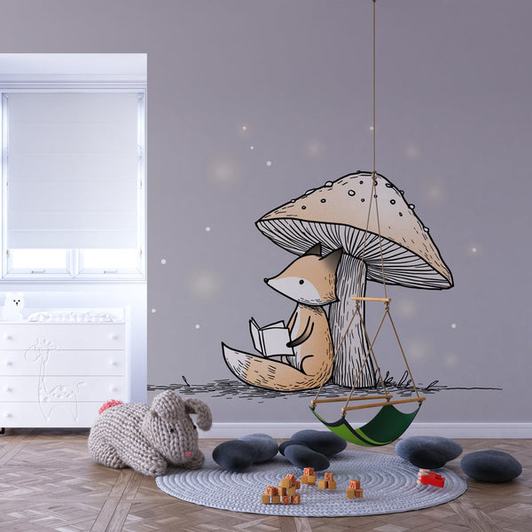 Reading Fox Wallpaper | Cozy Mushroom Shelter Mural