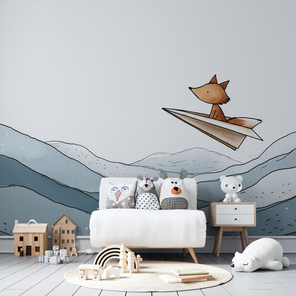 Flying Fox Wallpaper | Fox on a Paper Plane Above Blue Hills