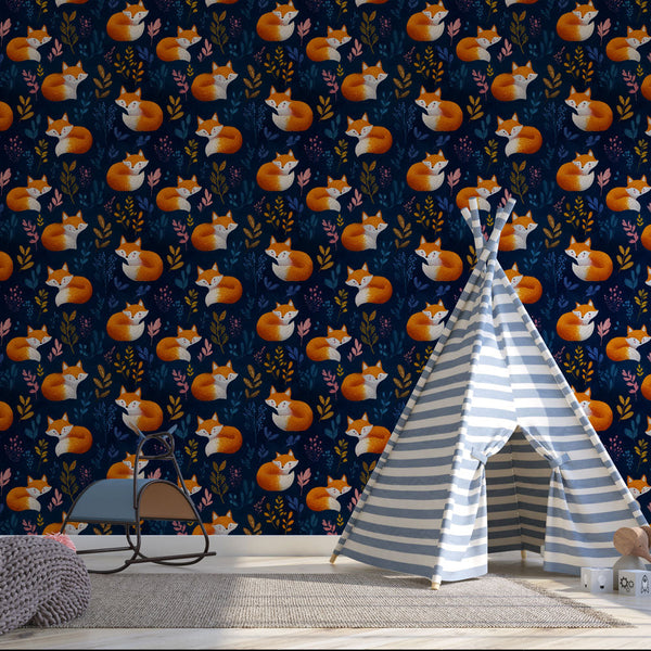 Fox Wallpaper | Orange Foxes and Foliage Wall Mural on Blue