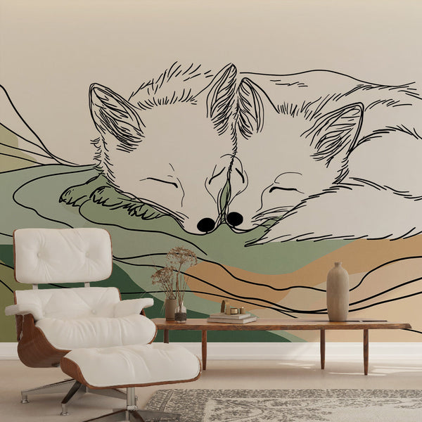 Fox Wallpaper | Sleeping Foxes in Soft Green and Beige