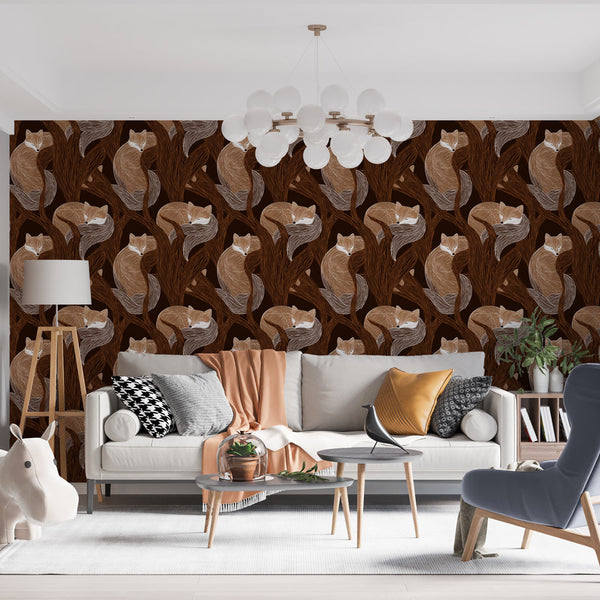 Foxes Wallpaper | Woodland Fox Wall Mural in Brown and Beige