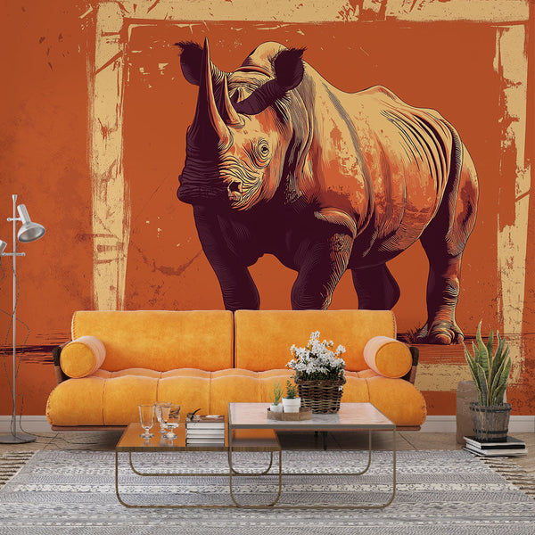 Rhinoceros Wallpaper | Artistic Animal on Bright Orange Wall Mural