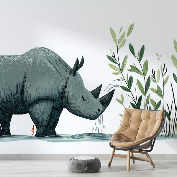 Rhino and Foliage Wallpaper | Watering Hole Nature Mural