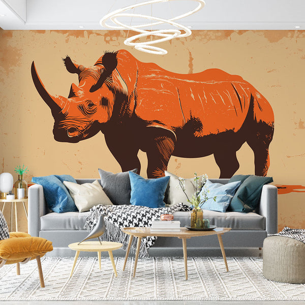Rhinoceros Wallpaper | Orange Stylized Animal on Beige Wall Mural