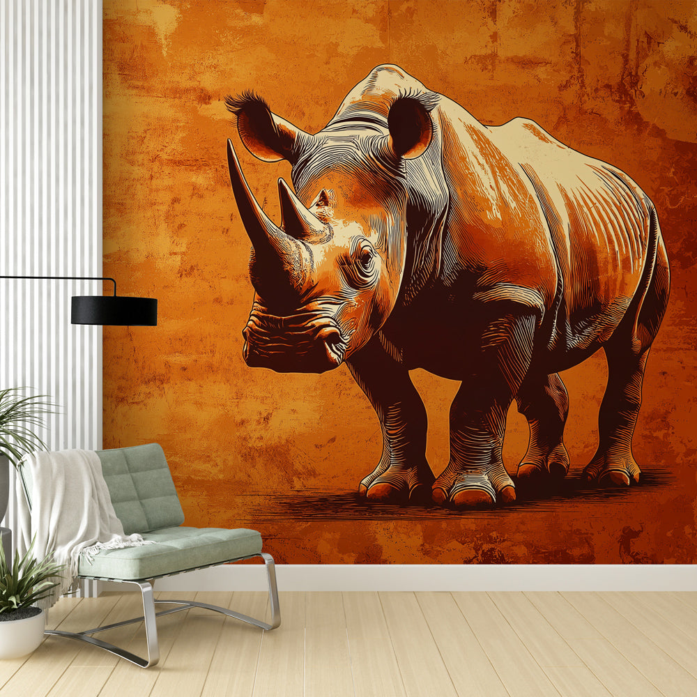 Rhinoceros Wallpaper | Stylised Wall Mural on Warm Orange