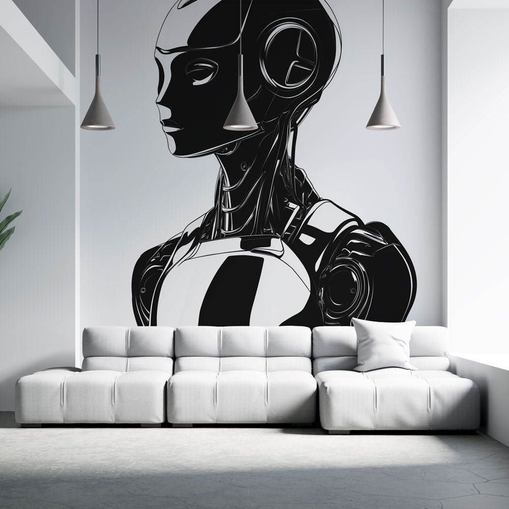 Futuristic Robotic Wallpaper | Black White Humanoid Mural