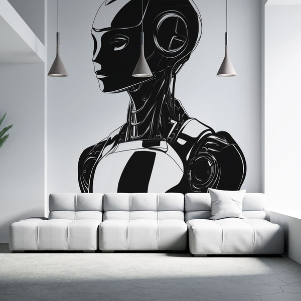 Futuristic Robotic Wallpaper | Black White Humanoid Mural