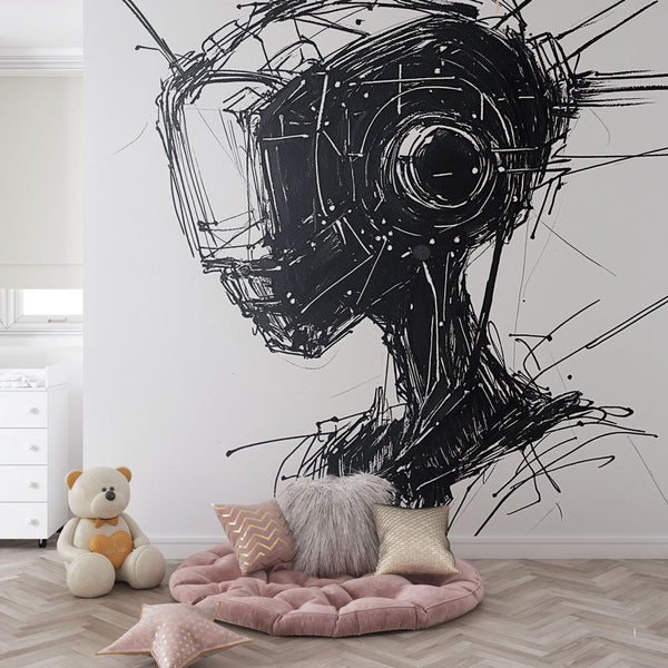 Robotic Wallpaper | Stylised Black White Illustration Mural