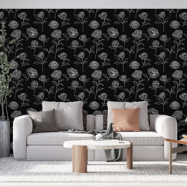 White Roses Black Wallpaper | Modern Floral Wall Mural