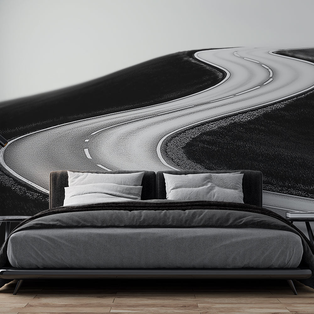 Wavy Road Wallpaper | Minimalist Black & White Wall Mural