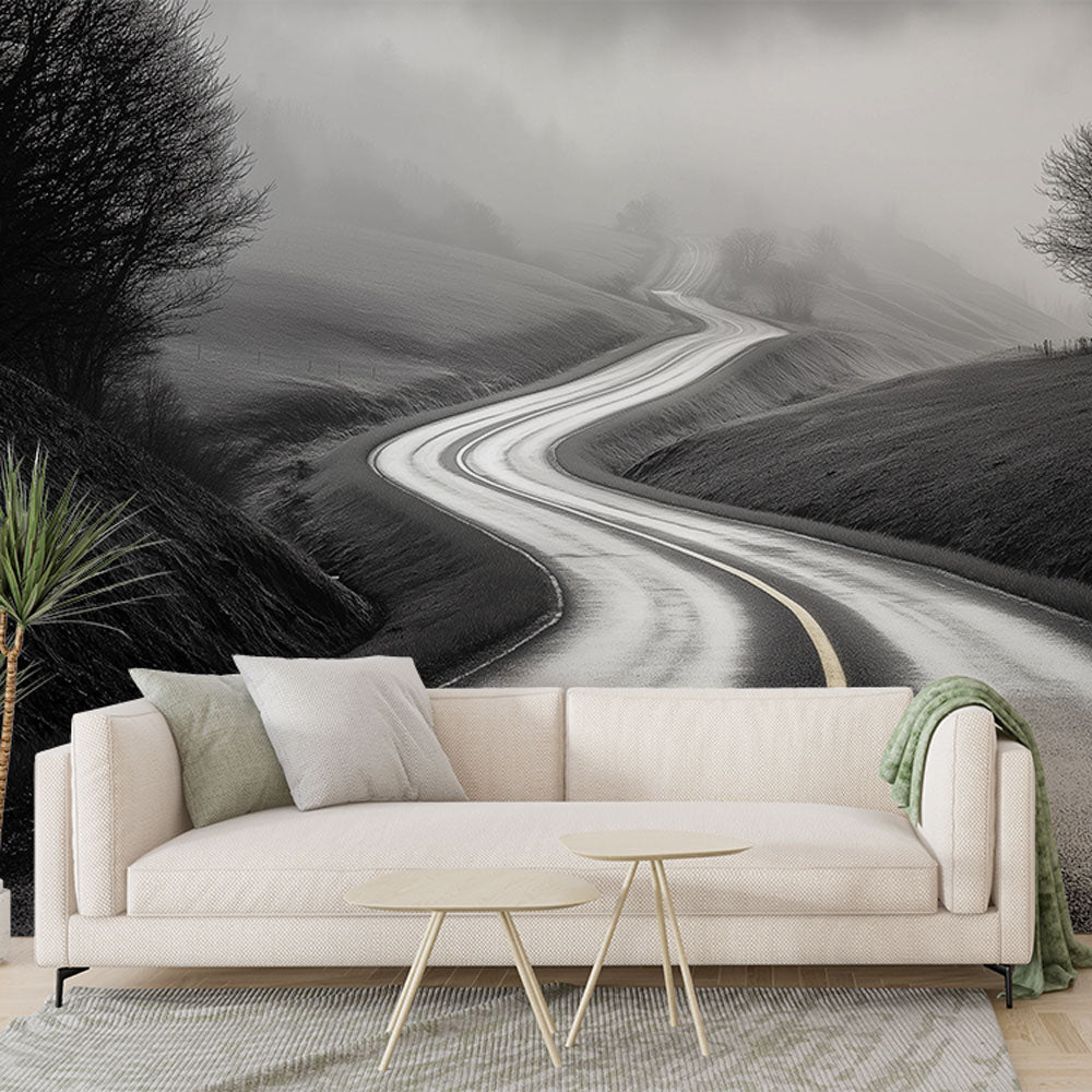 Misty Winding Road Wallpaper | Black & White Wall Mural