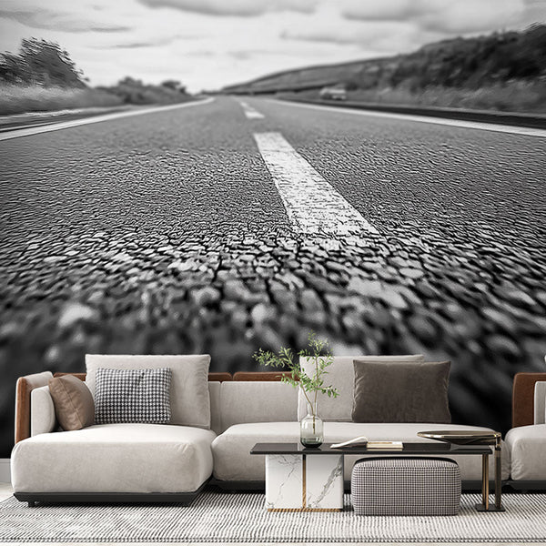 Asphalt Road Wallpaper | Black and White Perspective Wall Mural
